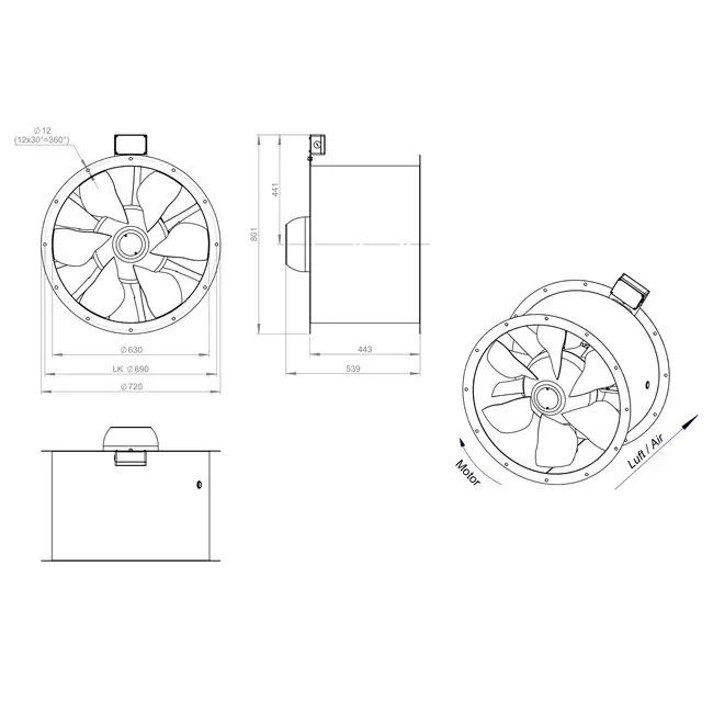 Ventilador de conducto de humos axial de 630 mm F300- AL 630 D84U F3 01 CFG