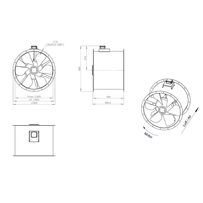 Ventilador de conducto axial de 800 mm para gases de combustión F300- AL 800 D84U F3 01 CFG