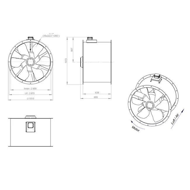 Ventilador de gases de combustión canalizado axial de 900 mm F300- AL 900 D84U F3 01 CFG