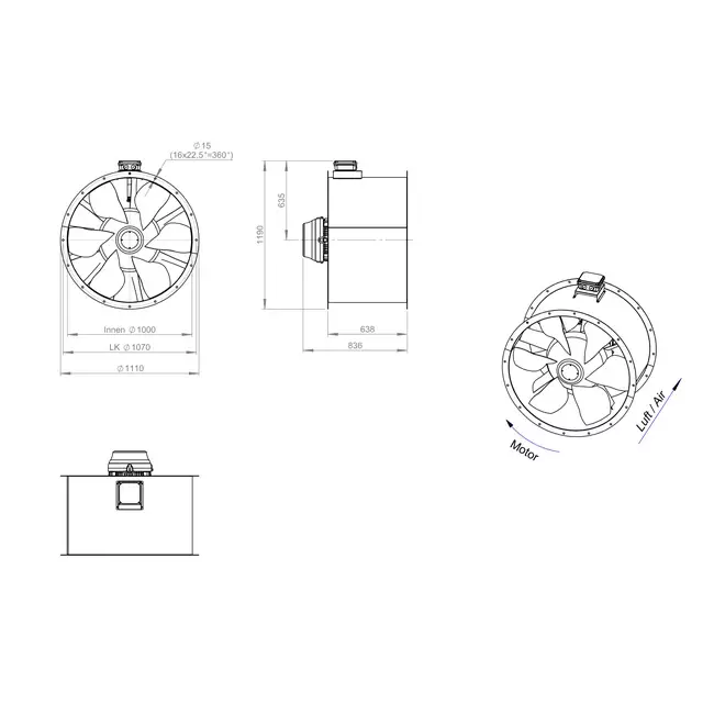 Ventilador axial de conducto de 1000 mm F300- AL 1000 D84U F3 02 CFG