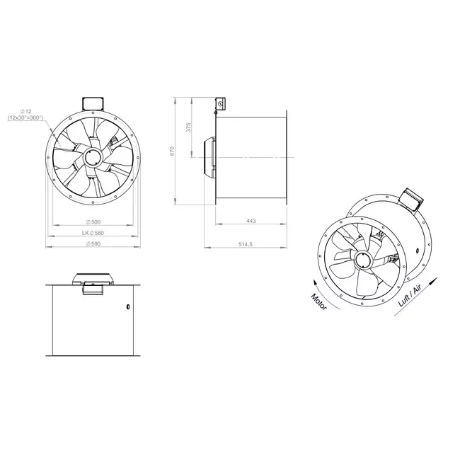 Ventilador de gases de combustión canalizado axial de 500 mm F400 - AL 500 D2 F4 03 CFG