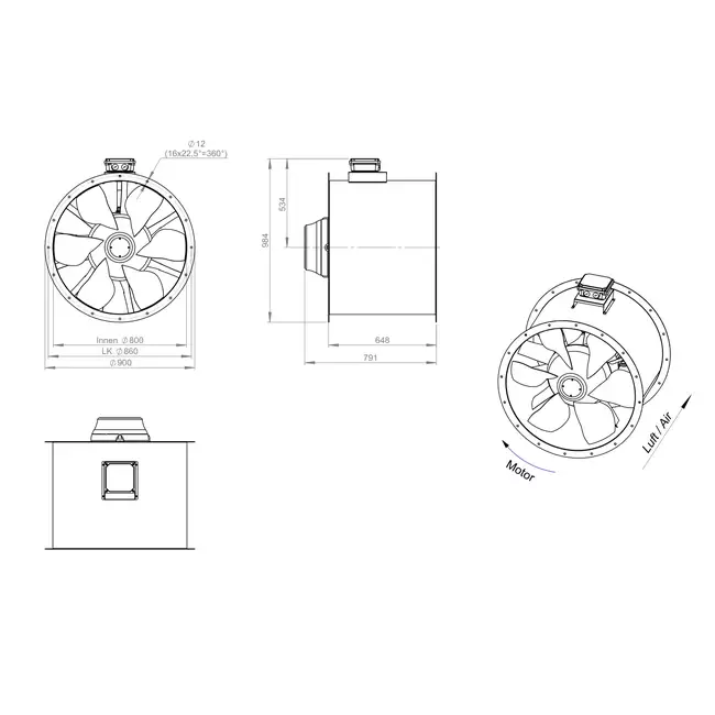 Ventilador de conducto axial de 800 mm para gases de combustión F400 - AL 800 D84U F4 03 CFG