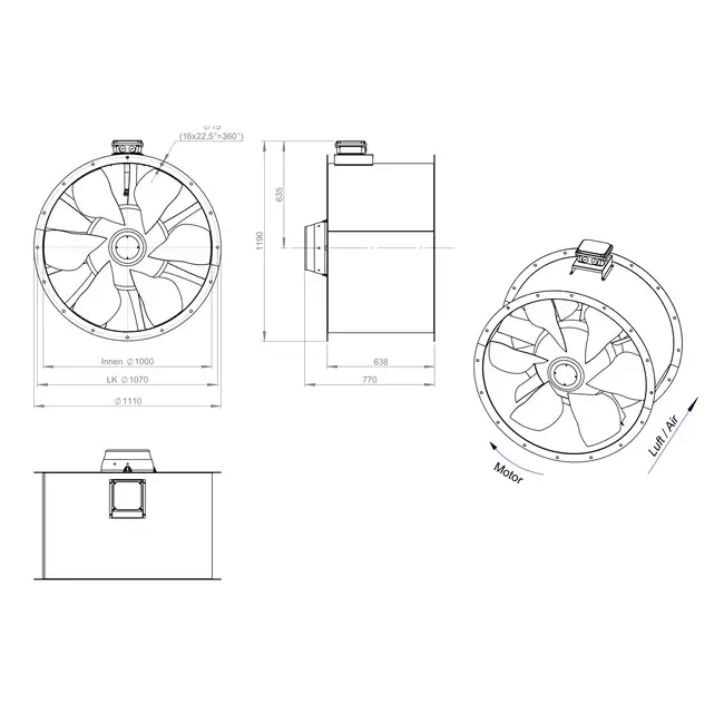 Ventilador de conducto axial de 1000 mm para gases de combustión F400 - AL 1000 D84U F4 01 CFG