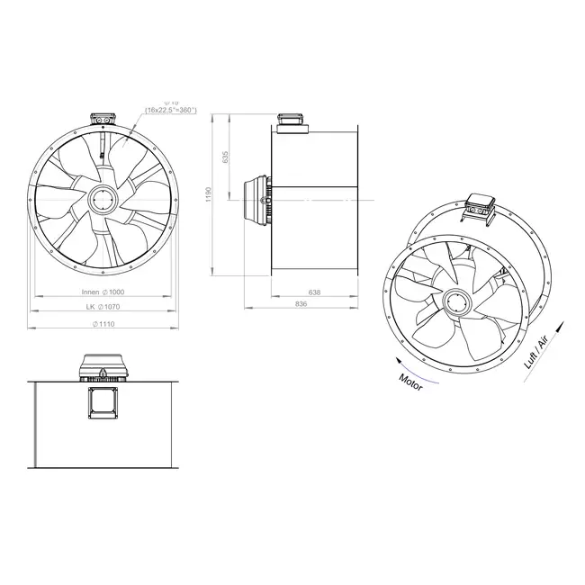 Ventilador de conducto axial de 1000 mm para gases de combustión F400 - AL 1000 D84U F4 02 CFG