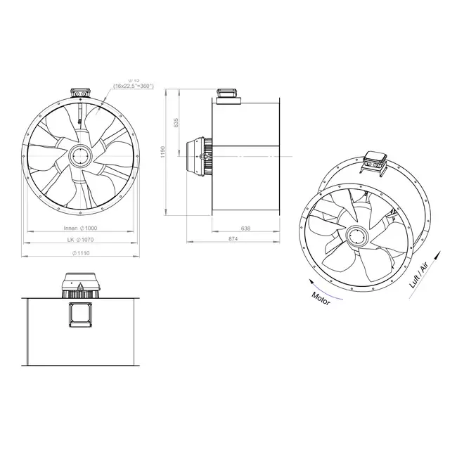 Ventilador de conducto axial de 1000 mm para gases de combustión F400 - AL 1000 D84U F4 03 CFG