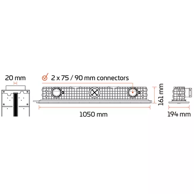 Difusor de ranura sin marco Ergovent 1050 mm con diámetro de conexión 90 mm - modular - 1 ranura