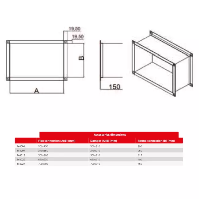Conector rectangular flexible Maxivent M4004 horizontal - FC