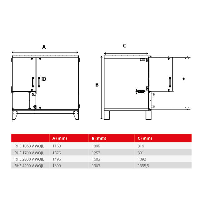 Cajas de tratamiento de aire Maxivent WTW con rueda de calor de 1050 m³/h y batería de agua caliente, disposición vertical a la izquierda  - RHE 1050 V WOJL