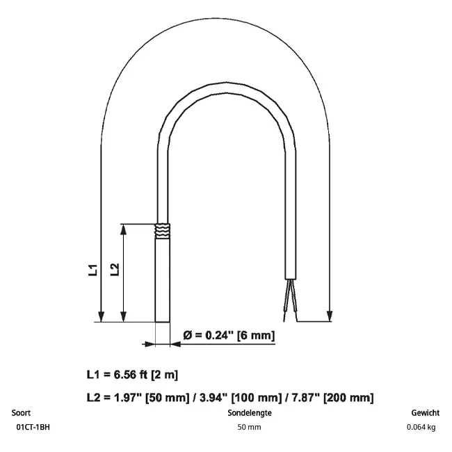 Sensor de temperatura por cable Belimo PT1000 50x6 mm - 2 metros - 01CT-1BH