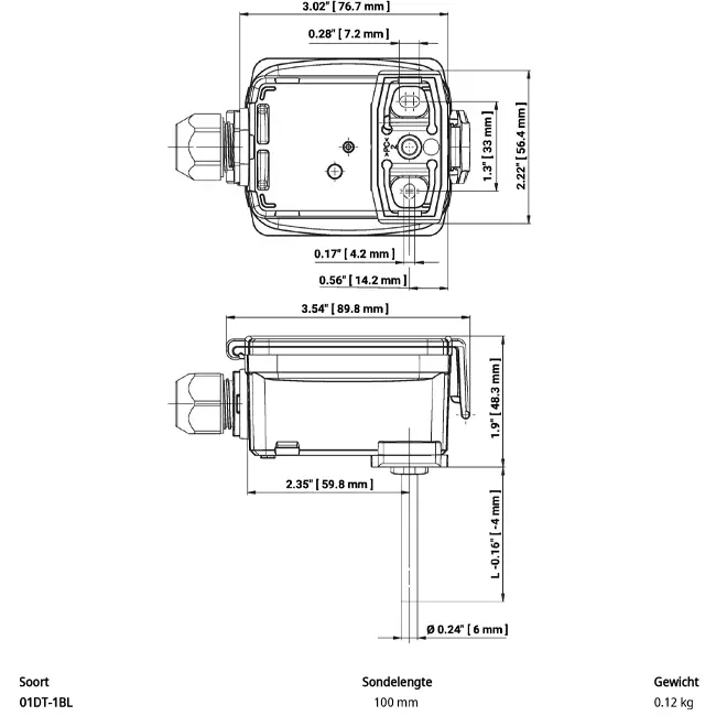 Belimo sensor de temperatura de canal/inmersión PT1000 100x6 mm - 01DT-1BL