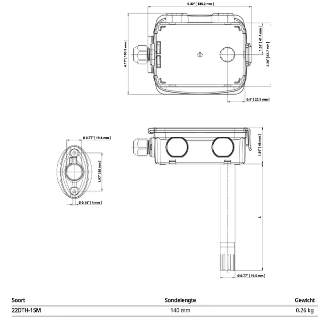 Sensor de canal Belimo para humedad y temperatura - Modbus RTU - sonda 140 mm - 22DTH-15M