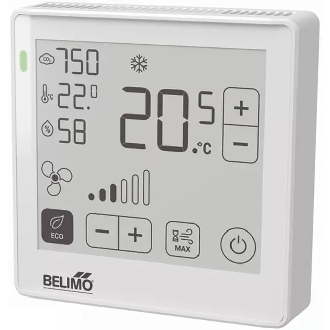 Módulo de control ambiental Belimo para CO₂, humedad y temperatura - Pantalla táctil ePaper - MP-Bus - P-22RTM-1800D-1