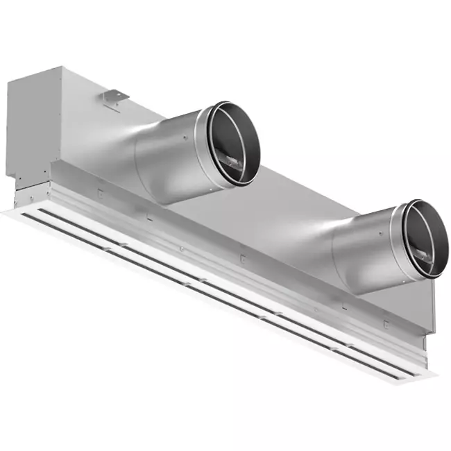 Rejilla lineal de aluminio con 2 láminas de patrón ajustables – 1250 mm – RAL 9016 + plenum aislado acústicamente con válvula reguladora de caudal de aire
