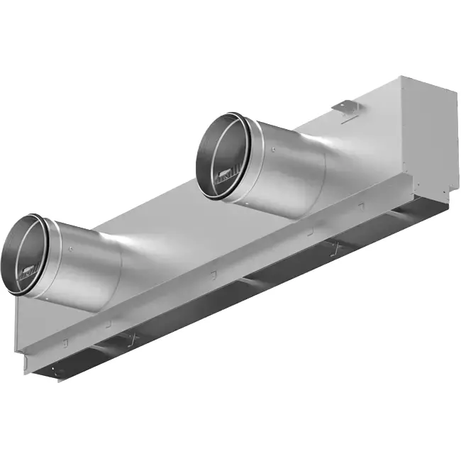 Rejilla lineal de aluminio con 2 láminas de patrón ajustables – 1250 mm – RAL 9016 + plenum aislado acústicamente con válvula reguladora de caudal de aire