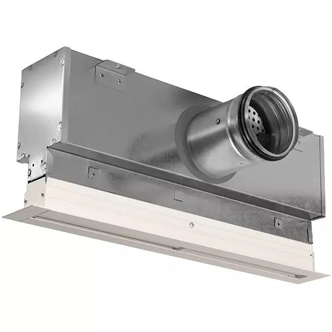 Rejilla lineal de aluminio con 4 láminas de patrón ajustables – 500 mm – RAL 9010 + cámara de aislamiento acústico con válvula reguladora de caudal de aire