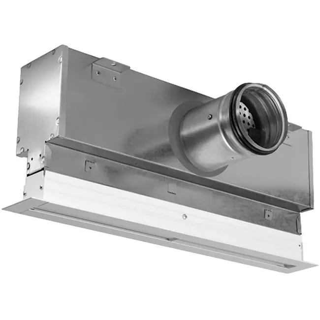 Rejilla lineal de aluminio con 3 láminas de patrón ajustables – 1000 mm – RAL 9016 + cámara de aislamiento acústico con válvula reguladora de caudal de aire