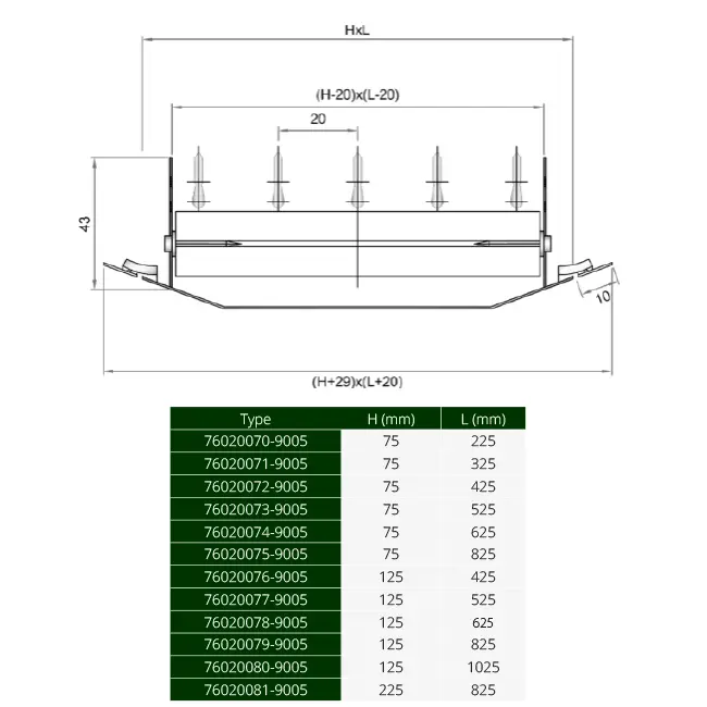 Rejilla de conducto ClimaConnect con doble ajuste, 1025 x 125 mm, para tubos de 315 a 900 mm - RAL 9005