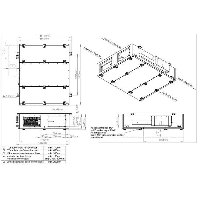 Cajas de tratamiento de aire Maxivent WTW con intercambiador de calor de contracorriente, 3500 m³/h, horizontal a la izquierda - PHE 3500 F OOJL