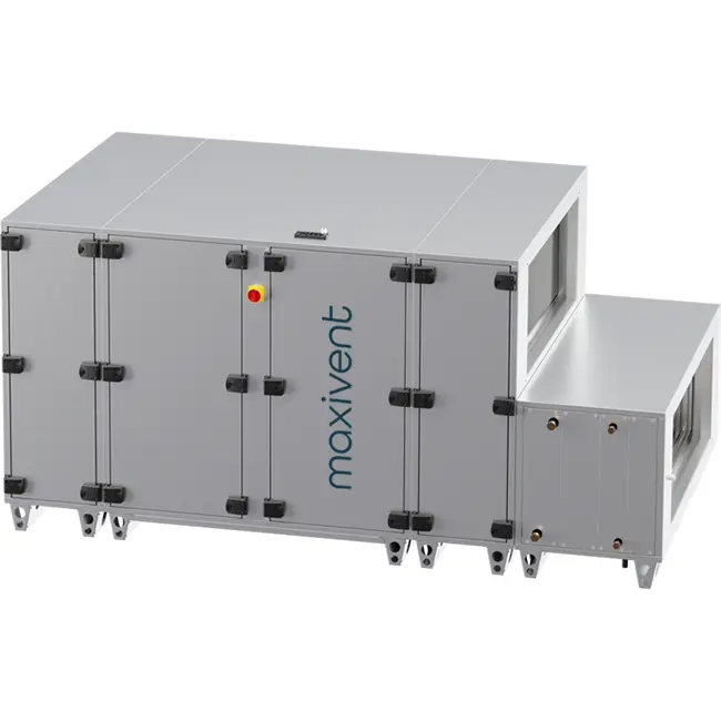 Cajas de tratamiento de aire Maxivent WTW con intercambiador de calor de contracorriente de 4200 m³/h, con batería de agua caliente y batería de agua fría en posición horizontal a la izquierda - PHE 4200 H WKJL T 01