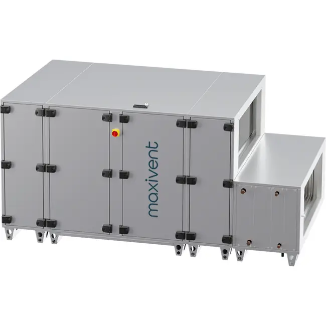 Cajas de tratamiento de aire Maxivent WTW con intercambiador de calor de contracorriente de 7600 m³/h, con batería de agua caliente y batería de agua fría, disposición horizontal a la derecha - PHE 7600 H WKJR T 02