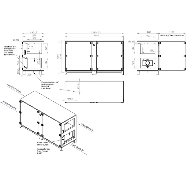 Cajas de tratamiento de aire Maxivent WTW con intercambiador de calor de contracorriente de 2800 m³/h con batería DX, horizontal a la derecha - PHE 2800 H ODJR