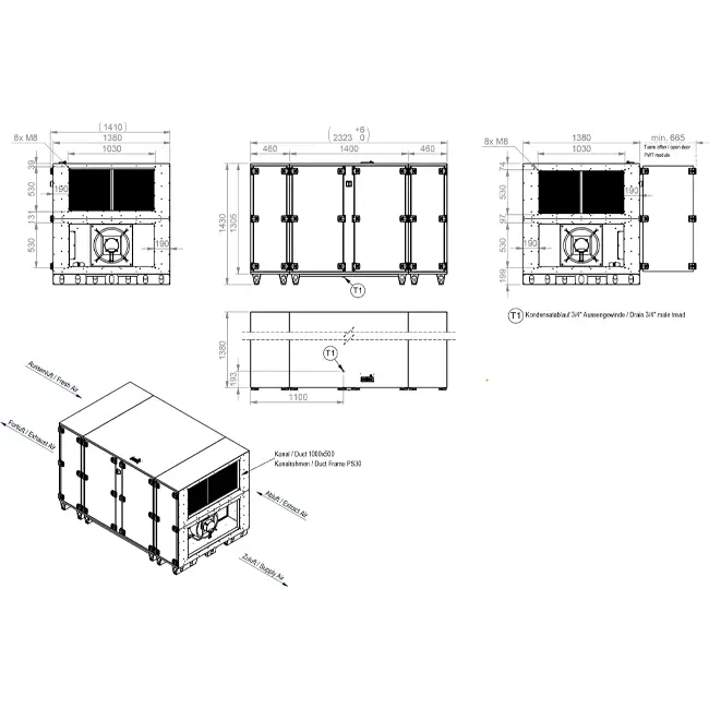 Cajas de tratamiento de aire Maxivent WTW con intercambiador de calor de contracorriente, 5000 m³/h, horizontal-horizontal a la izquierda - PHE 5000 H OOJL T 01