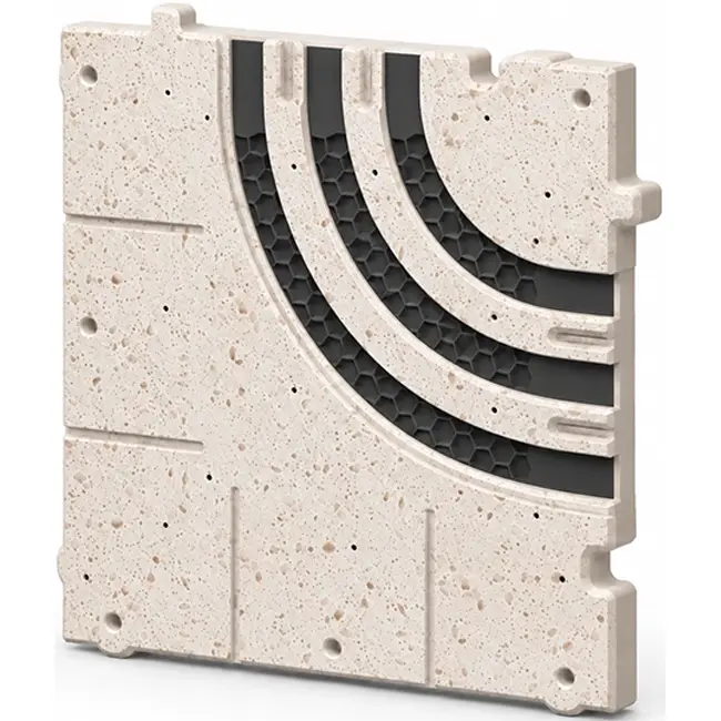 Pieza angular curvada Ergovent para rejillas lineales modulares encajables con 3 ranuras