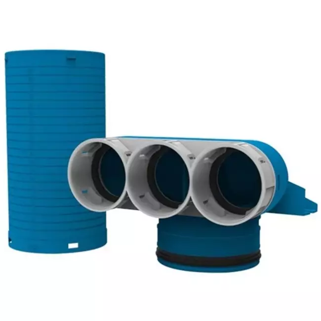 Colector de válvulas Vent-Axia Uniflexplus 3 x Ø69 mm con tapa de mortero Ø125mm Al=250 90° (largo)