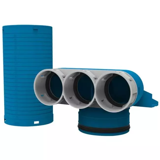 Colector de válvulas Vent-Axia Uniflexplus 3 x Ø69 mm con tapa de mortero Ø125mm Al=250 90° (largo)
