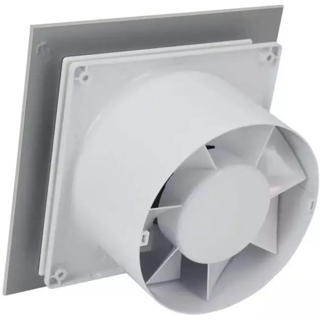 Extractor de baño de Ø 100 mm con temporizador y retardo de encendido - frontal de cristal en plata satinada