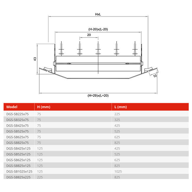 Rejilla simple ajustable 225x75mm para conductos de 160 a 400mm - DGS-SB225x75