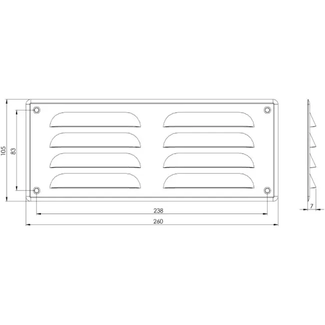 Rejilla de ventilación metálica cuadrada 260x105 mm aluminio - MR26105Al
