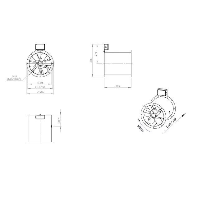 Ventilador de gases de combustión canalizado axial de 315 mm F300- AL 315 D4 F3 01 CFG