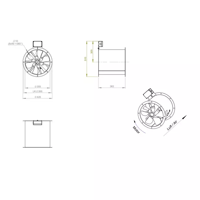 Ventilador de gases de combustión canalizado axial de 355 mm F300- AL 355 D4 F3 01 CFG