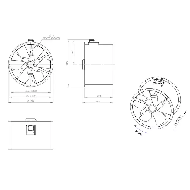 Ventilador de gases de combustión canalizado axial de 900 mm F300- AL 900 D6 F3 01 CFG