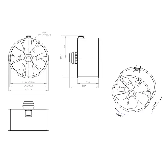 Ventilador de conducto axial de 1250 mm para gases de combustión F300- AL 1250 D6 F3 02 CFG
