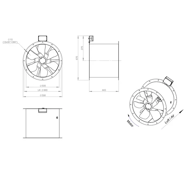Ventilador de gases de combustión canalizado axial de 500 mm F300- AL 500 D4 F3 01 CFG