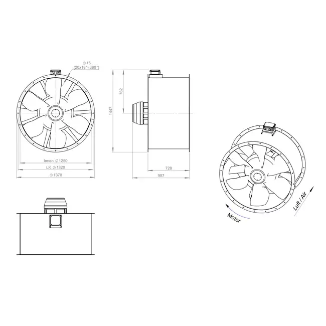 Ventilador de conducto axial de 1250 mm para gases de combustión F300- AL 1250 D6 F3 03 CFG