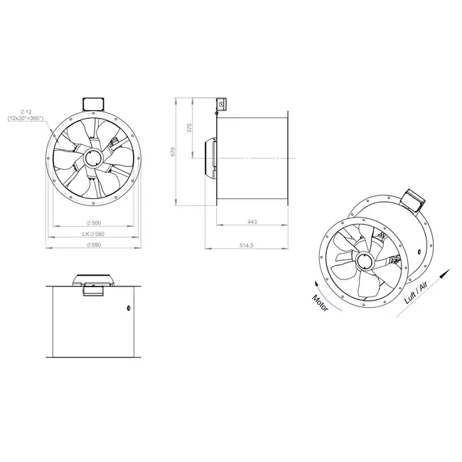 Ventilador de gases de combustión con conducto axial de 500 mm F300- AL 500 D2 F3 01 CFG