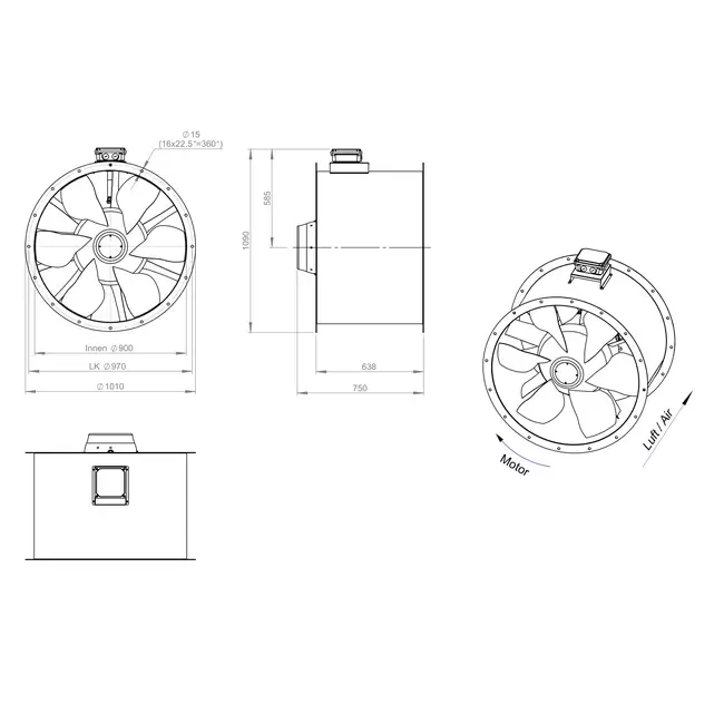Ventilador de gases de combustión canalizado axial de 900 mm F300- AL 900 D4 F3 03 CFG
