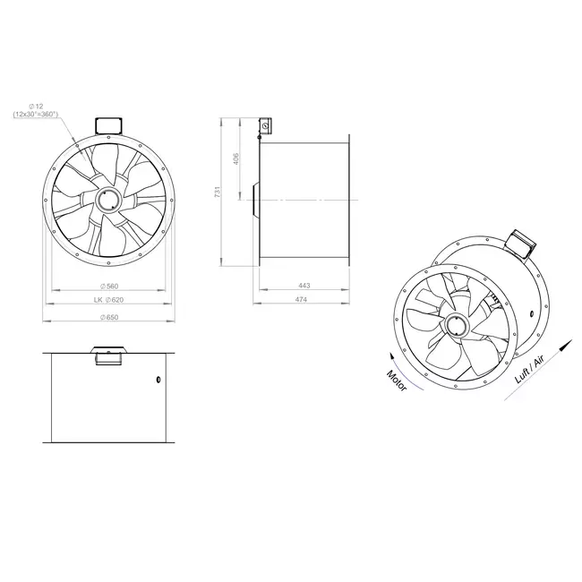 Ventilador de gases de combustión canalizado axial de 560 mm F300- AL 560 D4 F3 02 CFG