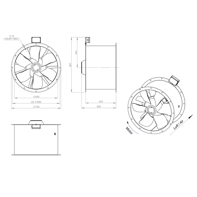 Ventilador axial de humos canalizado de 630 mm F300- AL 630 D4 F3 01 CFG