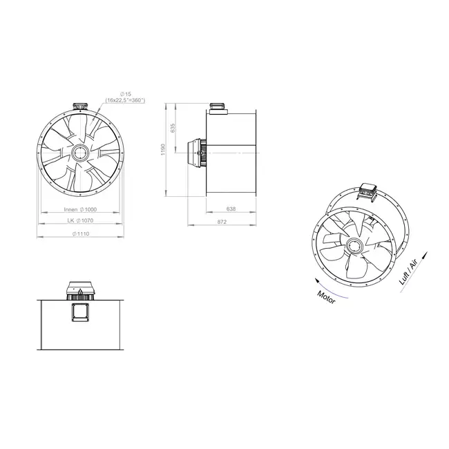 Ventilador axial de conducto de 1000 mm F300- AL 1000 D4 F3 04 CFG