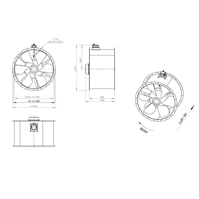 Ventilador axial de conducto de 1120 mm - AL 1120 D6 02 CFG