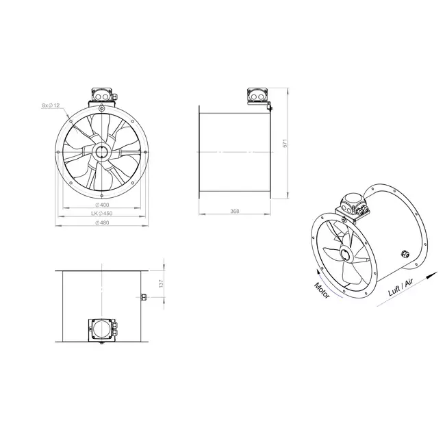 Ventilador axial para conductos de 400 mm - AL 400 D2 02 CFG