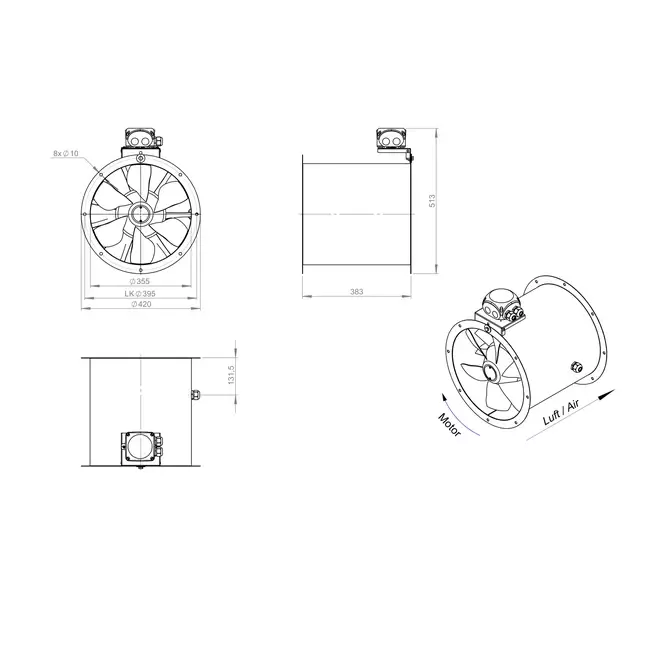 Ventilador axial para conductos de 355 mm - AL 355 D42U 02 CFG