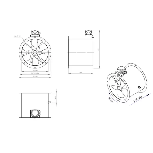 Ventilador axial de conducto de 400 mm - AL 400 D4 01 CFG
