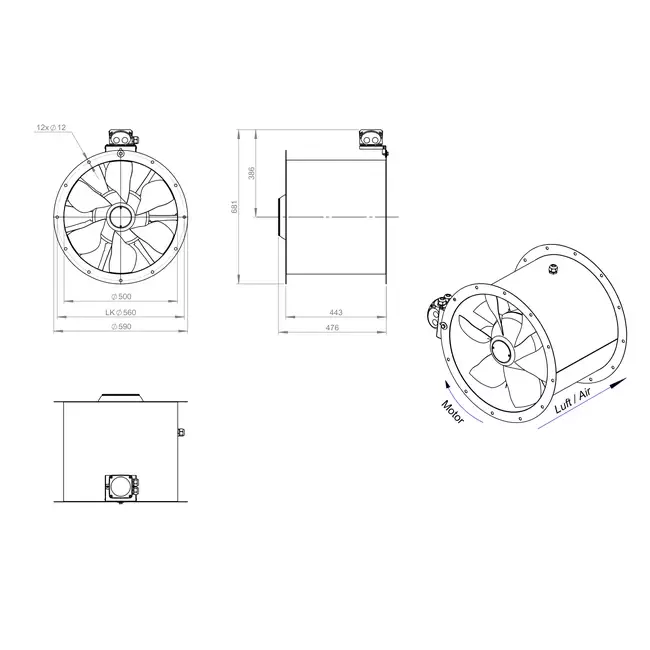 Ventilador axial de conducto de 500 mm - AL 500 D2 02 CFG