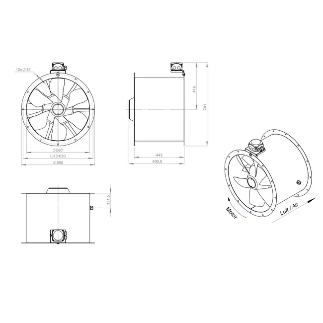 Ventilador axial de conducto de 560 mm - AL 560 D84U 02 CFG