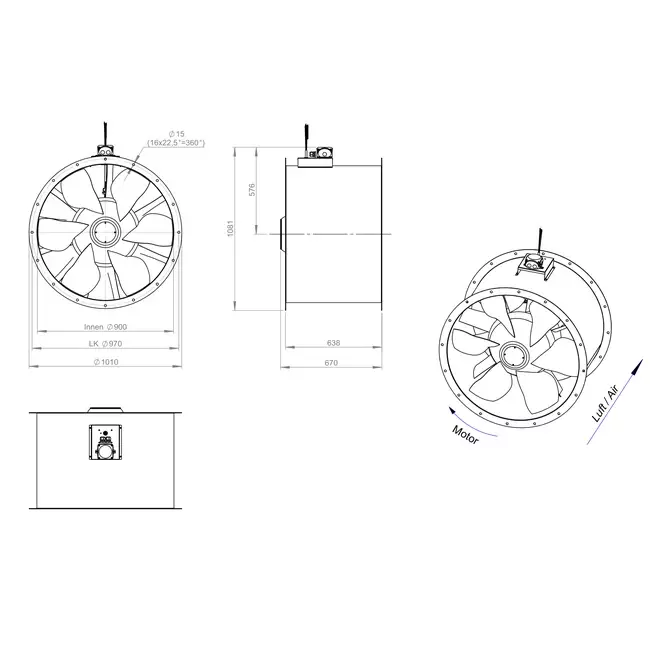 Ventilador axial para conductos de 900 mm - AL 900 D4 02 CFG
